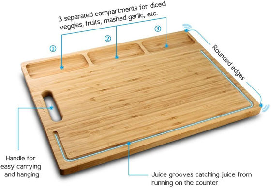 Tabla de corte de bambú multifuncional con 3 compartimientos y ranuras de jugo 43*32*1,8 cm