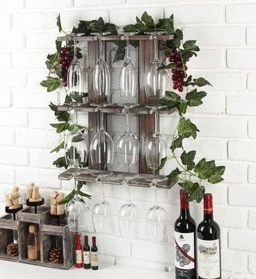 Estante de contenedores de cristal montado en pared de madera para 12 vasos de vino con pantalla no plegable