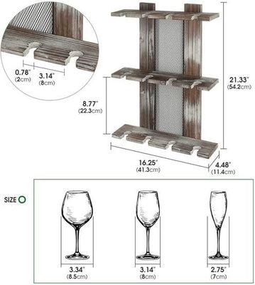 Estante de contenedores de cristal montado en pared de madera para 12 vasos de vino con pantalla no plegable
