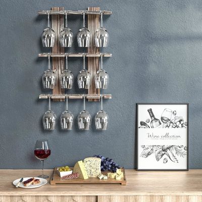 Estante de contenedores de cristal montado en pared de madera para 12 vasos de vino con pantalla no plegable