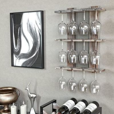 Estante de contenedores de cristal montado en pared de madera para 12 vasos de vino con pantalla no plegable