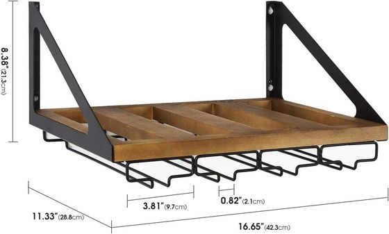 Estante no plegable de madera rústica montado en la pared Estante de vino con 4 cables metálicos soporte de vidrio Diseño personalizado