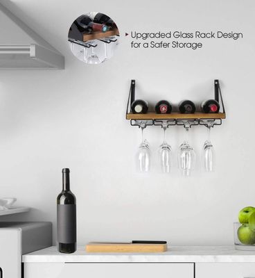 Estante no plegable de madera rústica montado en la pared Estante de vino con 4 cables metálicos soporte de vidrio Diseño personalizado