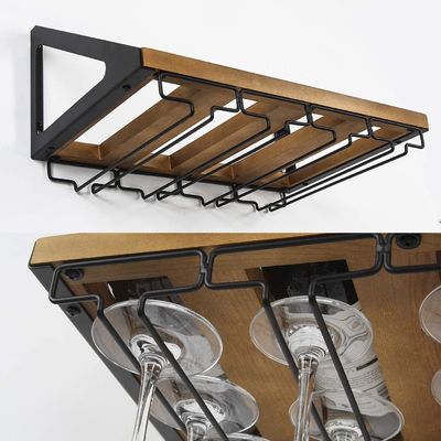 Estante no plegable de madera rústica montado en la pared Estante de vino con 4 cables metálicos soporte de vidrio Diseño personalizado