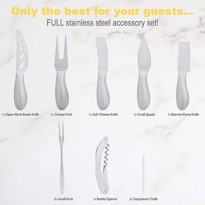 Impresión en serigrafía de 19 piezas de madera de acacia tabla de queso y cuchillo para queso de carne de vino