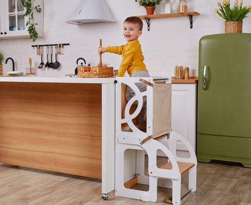 7 en 1 Convertible Mesa de torre para niños pequeños con respaldo de asiento Mejora el aprendizaje y la diversión en la cocina