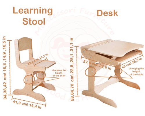 Montessori Muebles de estudio para niños Conjunto de tamaño personalizado Escritorio y silla de madera con mesa de tiza