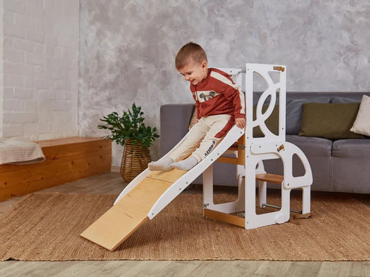 Niños de madera cocina taburete paso convertible Torre de niños pequeños Mesa 7 en 1 respaldo de asiento y tobogán