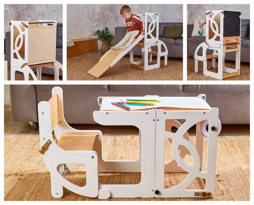 Niños de madera cocina taburete paso convertible Torre de niños pequeños Mesa 7 en 1 respaldo de asiento y tobogán