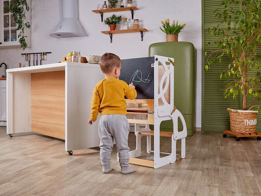 Niños de madera cocina taburete paso convertible Torre de niños pequeños Mesa 7 en 1 respaldo de asiento y tobogán