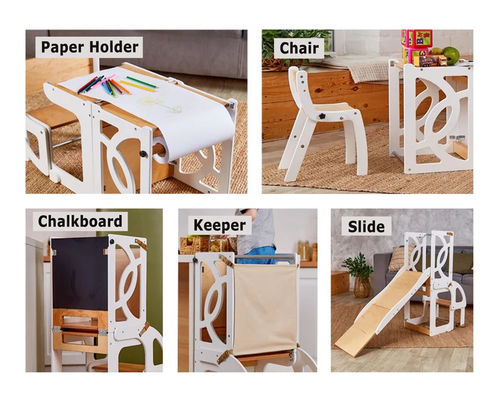 Niños de madera cocina taburete paso convertible Torre de niños pequeños Mesa 7 en 1 respaldo de asiento y tobogán