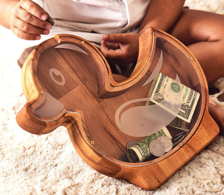 202407 Regalo de Pascua Banco de monedas de cohete para niños hecha a mano Flor de rosa de madera Banco de cerdo