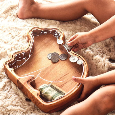 202407 Regalo de Pascua Banco de monedas de cohete para niños hecha a mano Flor de rosa de madera Banco de cerdo