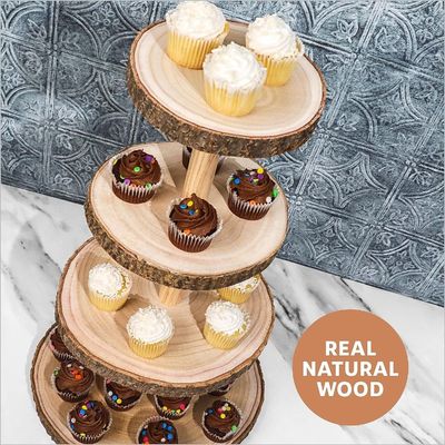 Torre de postres de madera de 4 niveles sostenible para exhibición de pastel de boda