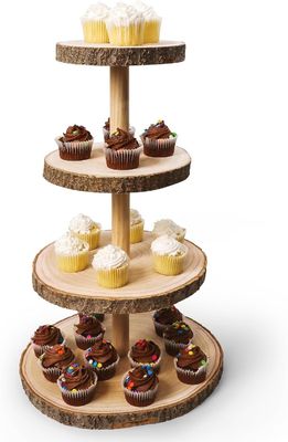 Torre de postres de madera de 4 niveles sostenible para exhibición de pastel de boda