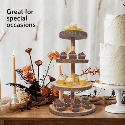 Torre de postres de madera de 4 niveles sostenible para exhibición de pastel de boda