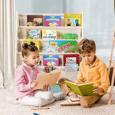Muebles de sala de estar Organizador de estanterías de libros de madera con 4 estanterías y 2 cajas de almacenamiento de juguetes