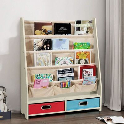 Muebles de sala de estar Organizador de estanterías de libros de madera con 4 estanterías y 2 cajas de almacenamiento de juguetes