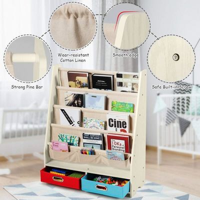 Muebles de sala de estar Organizador de estanterías de libros de madera con 4 estanterías y 2 cajas de almacenamiento de juguetes