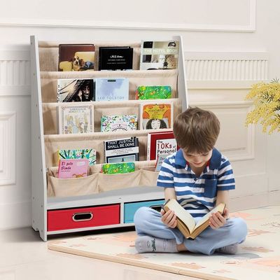 Muebles de sala de estar Organizador de estanterías de libros de madera con 4 estanterías y 2 cajas de almacenamiento de juguetes