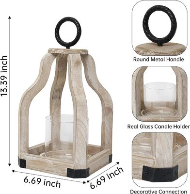 Decoración de patio exterior Linterna de velas de madera con portavelas de vidrio Impresión quemada