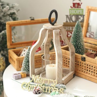Decoración de patio exterior Linterna de velas de madera con portavelas de vidrio Impresión quemada