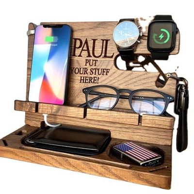Estación de acoplamiento de madera impresa con pantalla de seda para cartera telefónica y organizador ideal de llaves para hombres