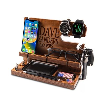 Estación de acoplamiento de madera impresa con pantalla de seda para cartera telefónica y organizador ideal de llaves para hombres
