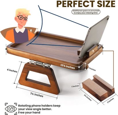 Mesa de brazos giratorios 360 para el sofá de madera de acacia bandeja de reposabrazos en mesas laterales de madera