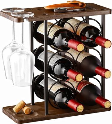 Tipo de soporte de vino de escritorio con bandeja de madera y organización