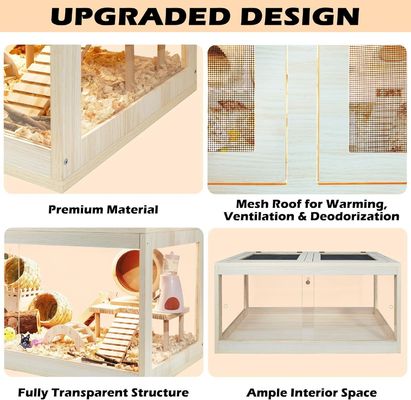 Jaula de hámster de madera con techo abierto y láminas acrílicas Casa construida sólida incluida