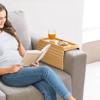 Compuesto de bambú sofá bandeja de brazo Mesa gran sofá soporte de taza bandeja para tazas de teléfono remoto