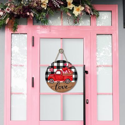 Añade amor a tu casa Granja Camión rojo Corazones colgador de puerta de madera para el día de San Valentín