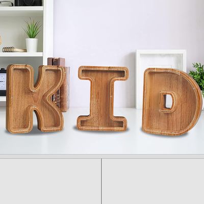 Carta de madera de alfabeto acrílico caja de dinero Impresión quemado letra grande bancos de cerdo para niños