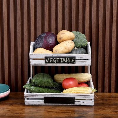 Organizador de madera de plantación de plantación de 2 niveles soporte de cesta de alimentos para la organización de la cocina