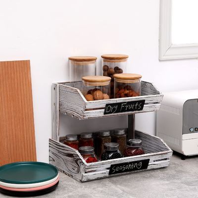 Organizador de madera de plantación de plantación de 2 niveles soporte de cesta de alimentos para la organización de la cocina