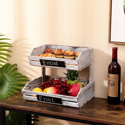 Organizador de madera de plantación de plantación de 2 niveles soporte de cesta de alimentos para la organización de la cocina