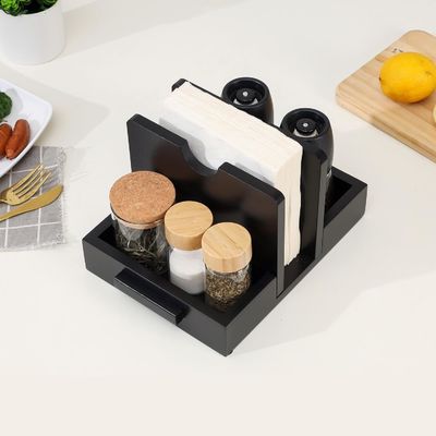2024 Diseño de estilo americano soporte de servilleta de madera para la mesa para almacenar sal y pimienta agitadores