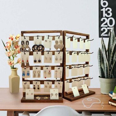 Inicio Tema Joyería plegable de madera Stand de exhibición con 32 ganchos y bandeja de anillo extraíbles