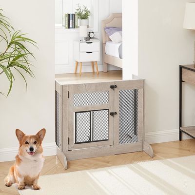 Puerta de perros de madera libre de alta cantidad con malla de puerta de gato y logotipo personalizado