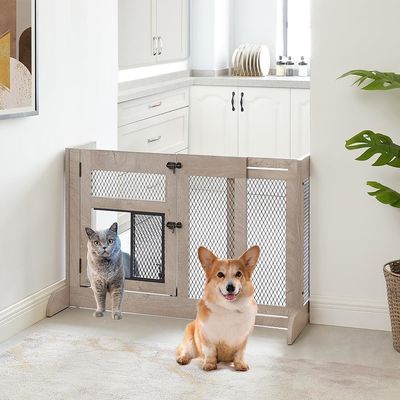 Puerta de perros de madera libre de alta cantidad con malla de puerta de gato y logotipo personalizado