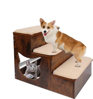 Escaleras para perros de madera de 3 niveles Escalones para perros de madera maciza con almohadillas antideslizantes y alfombra lavable
