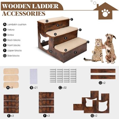 Escaleras para perros de madera de 3 niveles Escalones para perros de madera maciza con almohadillas antideslizantes y alfombra lavable
