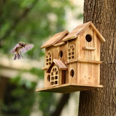 Casa de pájaros colgante de madera hecha a mano Nido de hámster para jardín Impresión quemada