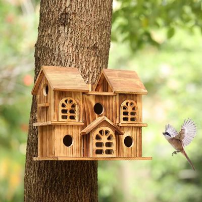 Casa de pájaros colgante de madera hecha a mano Nido de hámster para jardín Impresión quemada