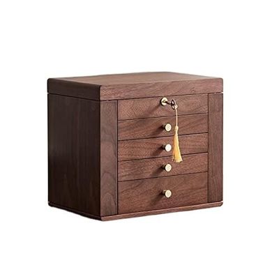 Caja tradicional de joyas de madera con 5 cajones y dos puertas laterales en nuez pulida