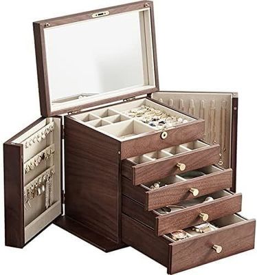 Caja tradicional de joyas de madera con 5 cajones y dos puertas laterales en nuez pulida