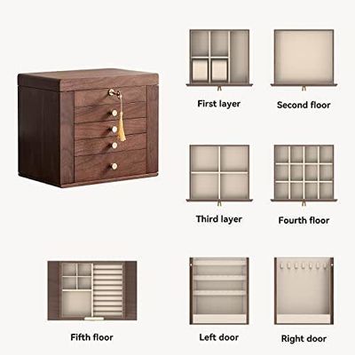 Caja tradicional de joyas de madera con 5 cajones y dos puertas laterales en nuez pulida