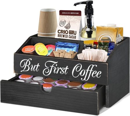 Organizador de bolsas de té de mesa de café de madera con cajón y disponibilidad en stock