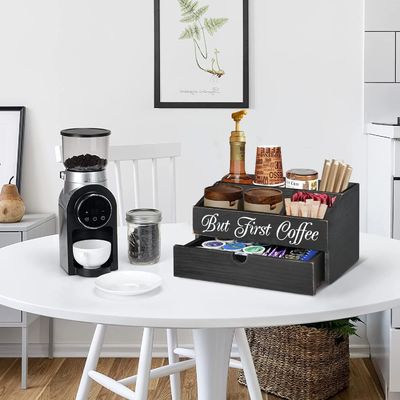 Organizador de bolsas de té de mesa de café de madera con cajón y disponibilidad en stock
